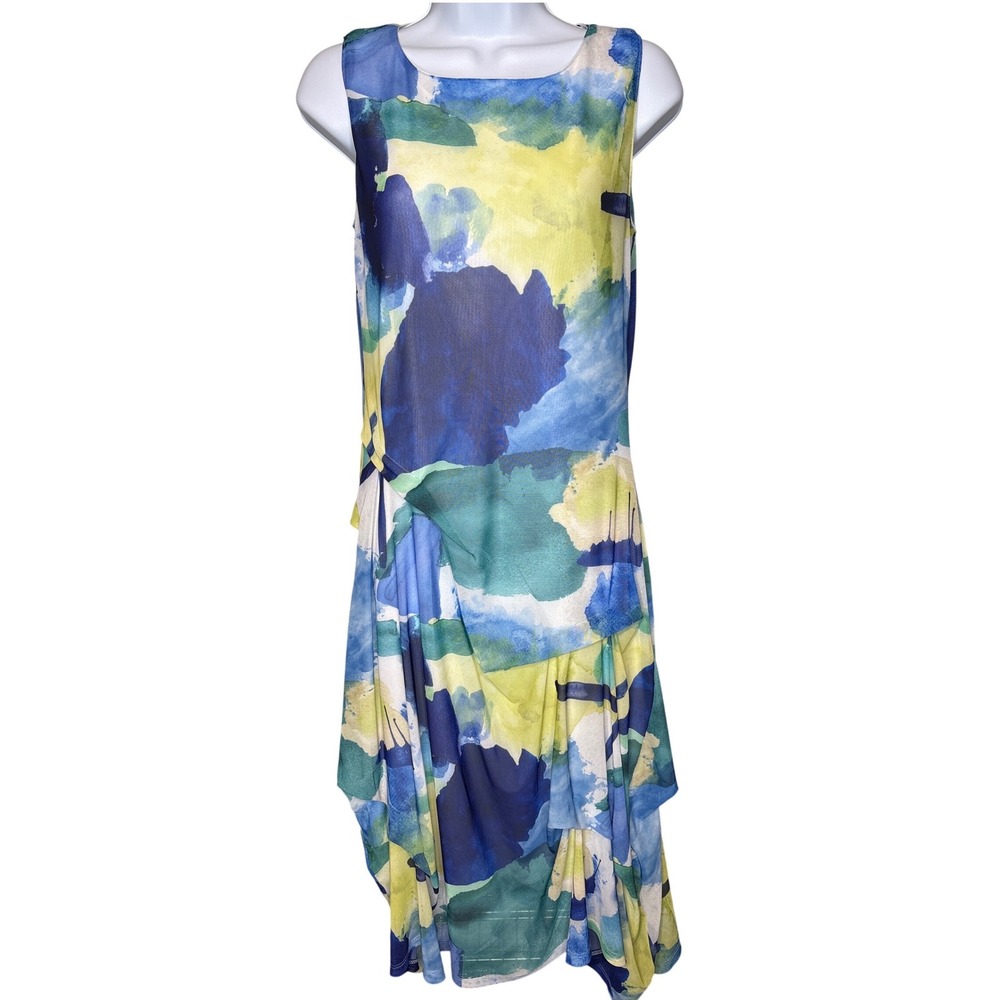 Kozan Blue & Yellow Watercolor Art Midi Dress Sz XS Asymmetrical Hem‎ Boho Chic